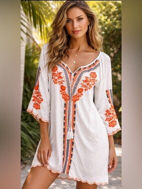 White Women's Embroidered dress with Orange Floral Details